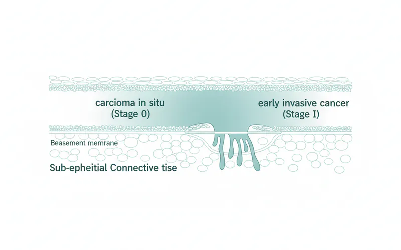 A diagram illustrating the different layers of oral tissue, highlighting where carcinoma in situ (Stage 0) and early invasive cancer (Stage I) would be located within the epithelium and sub-epithelial connective tissue.