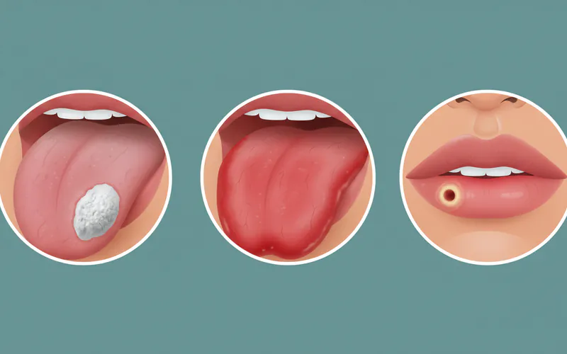 A series of three distinct clinical photos showing (1) a white, slightly raised leukoplakia patch on the lateral border of the tongue, (2) a vibrant red, velvety erythroplakia patch on the floor of the mouth, and (3) a small, non-healing ulcer with slightly raised edges on the lower lip.