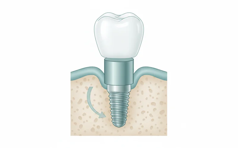 A diagram showing the three components of a single dental implant: the screw-shaped implant post embedded in jawbone, the abutment extending above the gum line, and the realistic-looking crown on top, with an arrow indicating osseointegration.