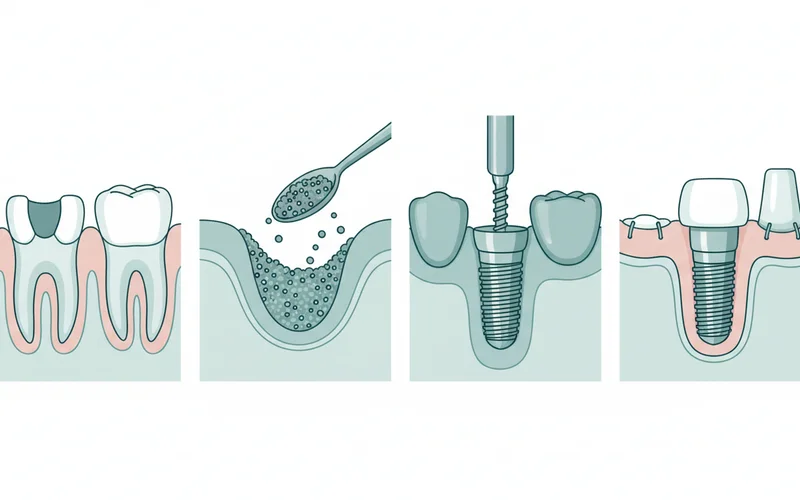 A series of four detailed illustrations showing the step-by-step implant placement: 1) A missing front tooth with jawbone atrophy, 2) Bone grafting procedure to augment the bone, 3) The implant post being screwed into the healed bone, 4) The gum tissue sutured around a healing abutment.