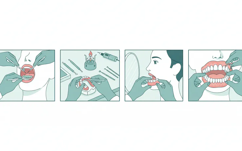 A series of illustrations showing the denture creation process: 1) dentist taking an impression, 2) lab technician working on a wax model, 3) a patient trying on a wax denture, 4) finished dentures being inserted.