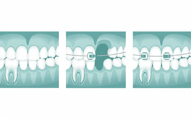 A series of three illustrations showing the surgical exposure and orthodontic eruption process: 1) An impacted canine in the bone. 2) Gum and bone removed, bracket attached. 3) Orthodontic wire pulling the tooth into alignment.