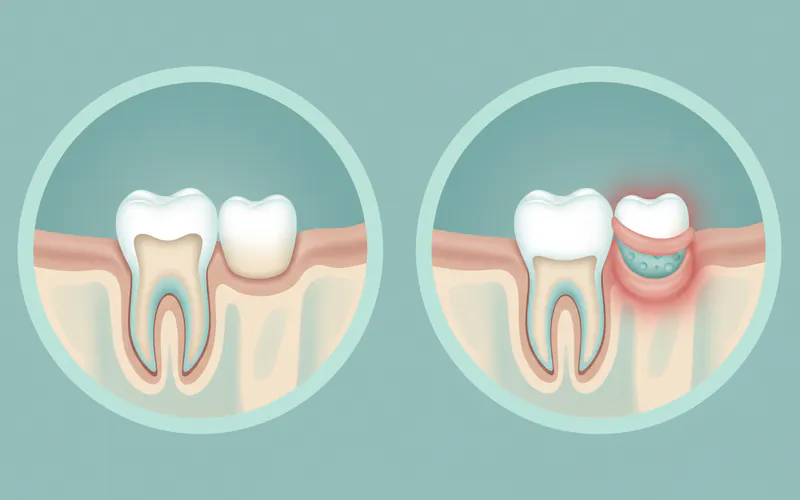 Side-by-side comparison illustrating a fully impacted wisdom tooth within the jawbone vs. a partially erupted wisdom tooth with surrounding inflamed gum tissue.
