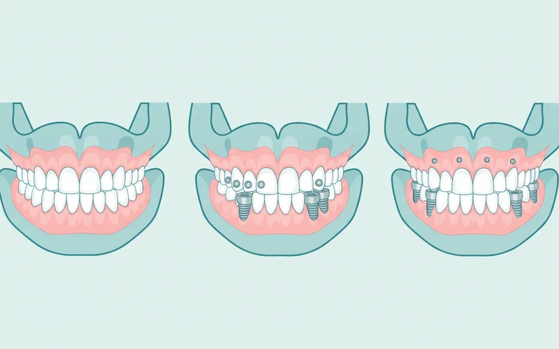 Illustration showing the difference between traditional full dentures (resting on gums), removable implant dentures (snapping onto 2-4 implants), and fixed implant dentures (a full arch bridge screw-retained onto 4-6 implants)