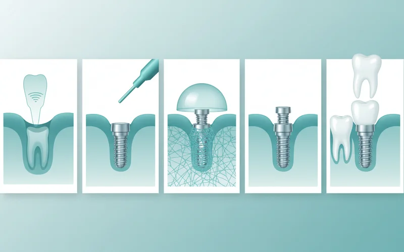 A step-by-step infographic showing the stages of implant placement: 1. Bone assessment, 2. Implant insertion, 3. Healing, 4. Abutment placement, 5. Denture attachment