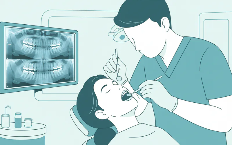 Dentist examining patient's mouth with X-rays on a screen
