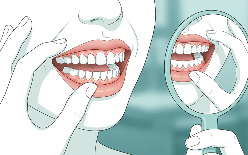 Close-up of a patient trying on a wax denture model, smiling into a mirror