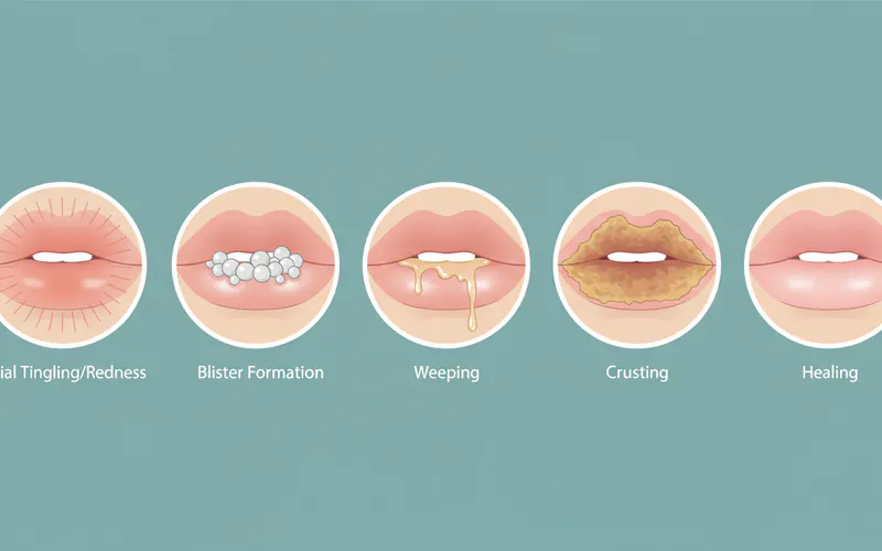 Detailed illustration showing the progression of a cold sore through its stages: initial tingling/redness, blister formation, weeping, crusting, and healing.