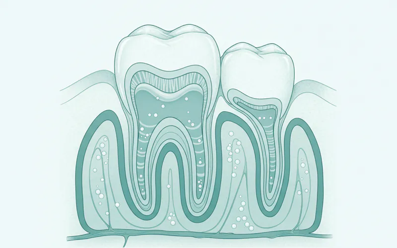 Detailed cross-section illustration of a developing tooth bud showing enamel formation, dentinogenesis, and the deposition of minerals like calcium in a fetal jaw.