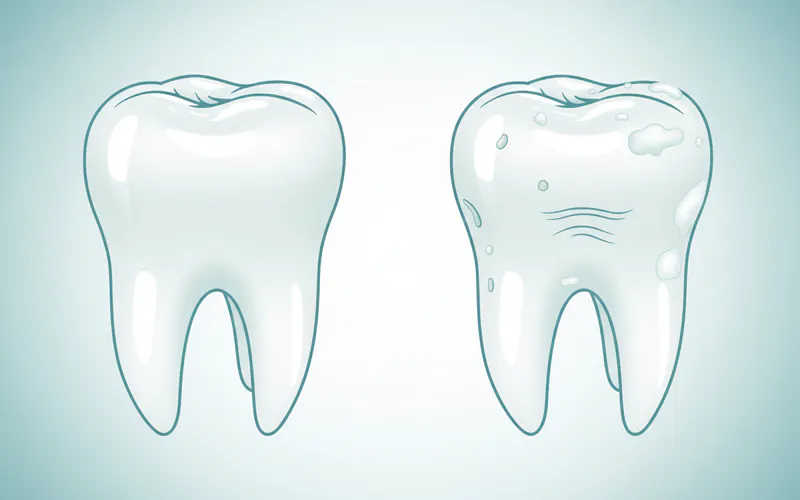 Comparison image showing two teeth: one with healthy, intact enamel and another with visible signs of enamel hypoplasia (pits, grooves) and early demineralization (white spot lesions).