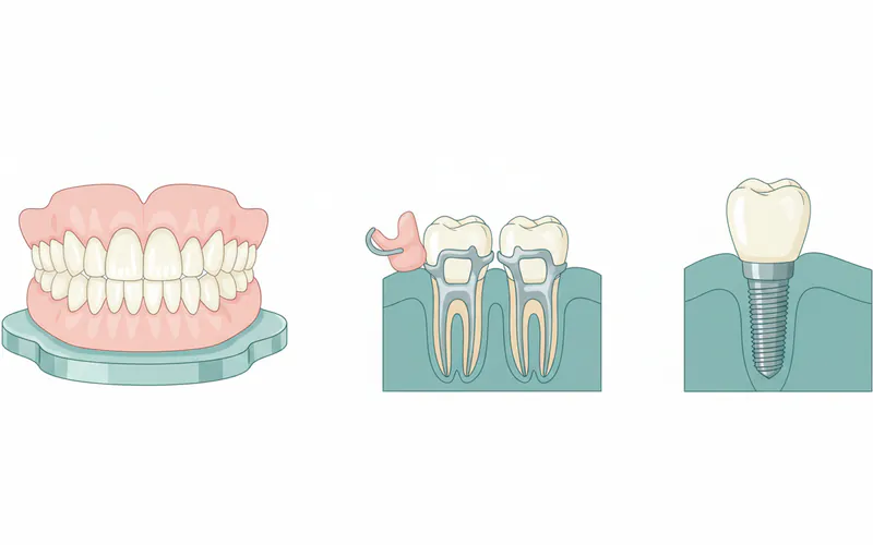 A side-by-side comparison illustrating a full set of traditional dentures, a partial denture clasping onto existing teeth, and a dental implant with a crown.