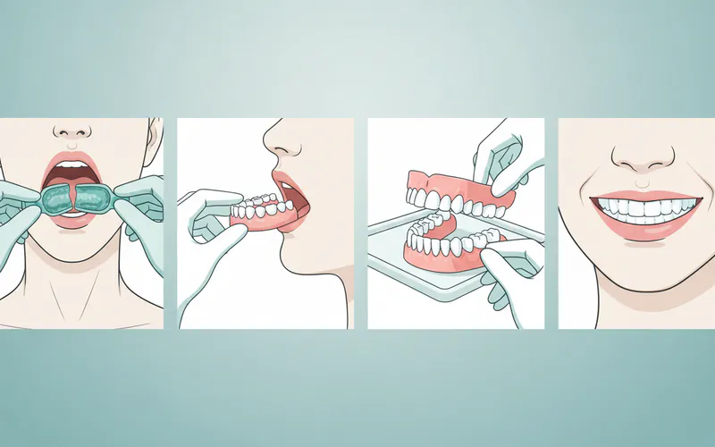 A sequence of four illustrations showing the denture creation process: 1. Dentist taking impressions, 2. A wax try-in being fitted, 3. Final dentures ready for insertion, 4. A patient smiling comfortably with new dentures.