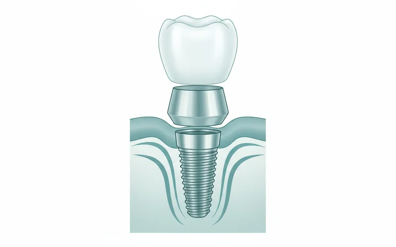 Detailed illustration of dental implant components being placed in the jawbone, showing the implant post integrating with the bone, the abutment, and the crown