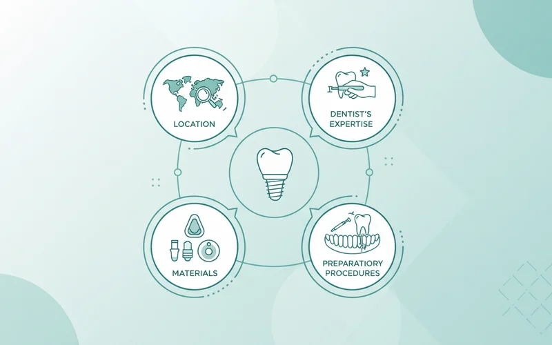 Infographic showing various factors affecting implant cost, such as location, dentist's expertise, materials, and preparatory procedures