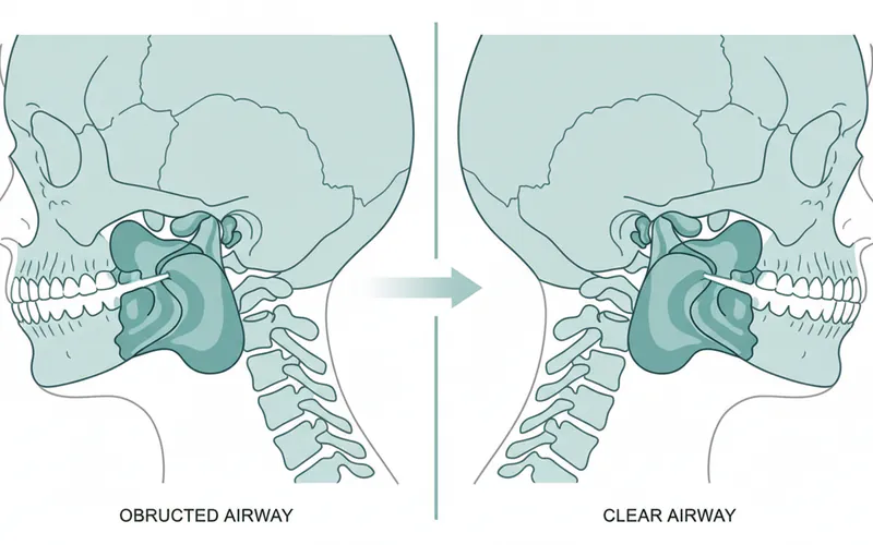 illustration showing enlarged adenoids and tonsils obstructing a child's airway compared to a clear airway