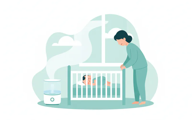 A cartoon illustration of a baby happily sleeping in a crib with a cool-mist humidifier running nearby, and a parent gently observing from a distance, illustrating conservative management of mild snoring.