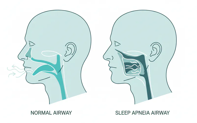 Medical illustration showing the difference between a normal, open airway during sleep and a constricted, partially blocked airway indicative of sleep apnea, highlighting the impact on breathing.