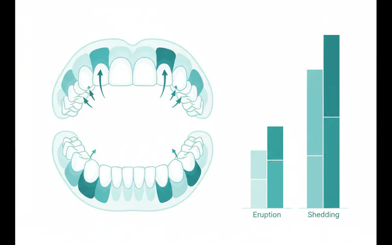 A detailed baby tooth eruption chart showing the average age ranges for each primary tooth to erupt and shed, clearly labeling incisors, canines, and molars. The chart should use a clear visual representation of the upper and lower jaws, highlighting which teeth erupt at what general age range.