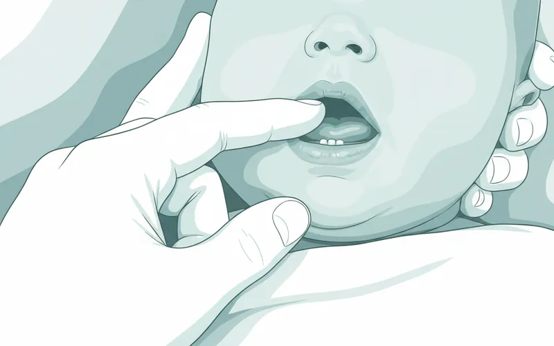 A parent gently massaging a baby's gums with a clean finger, illustrating a soothing technique for teething discomfort. The image should convey warmth and care.