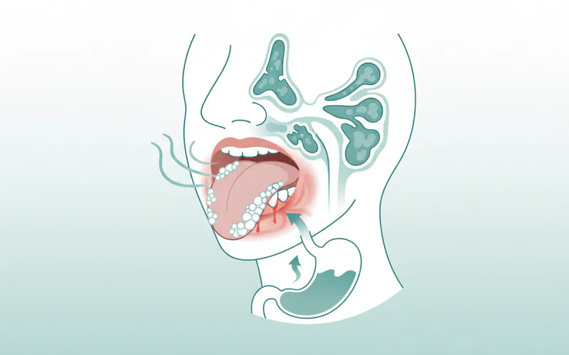 A diagram showing the different sources of bad breath: a tongue with bacterial coating, inflamed gums, a stomach with reflux, and nasal sinuses.