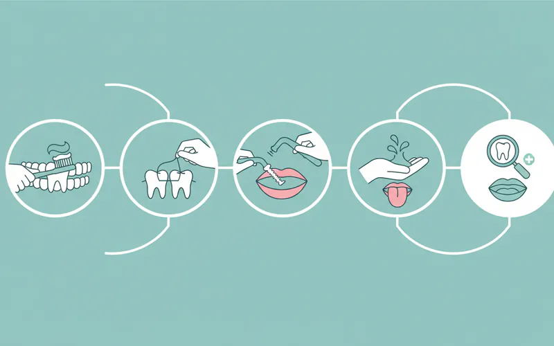 A step-by-step infographic showing a person brushing, flossing, then using a tongue scraper, followed by a mouthwash, with a dental check-up icon at the end.