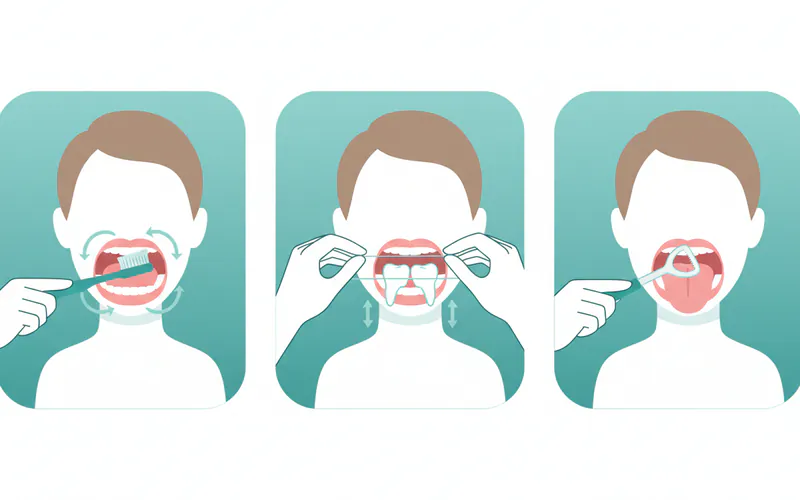 A series of three illustrations showing: 1) a person brushing teeth with proper technique, 2) a person flossing correctly, and 3) a person using a tongue scraper.