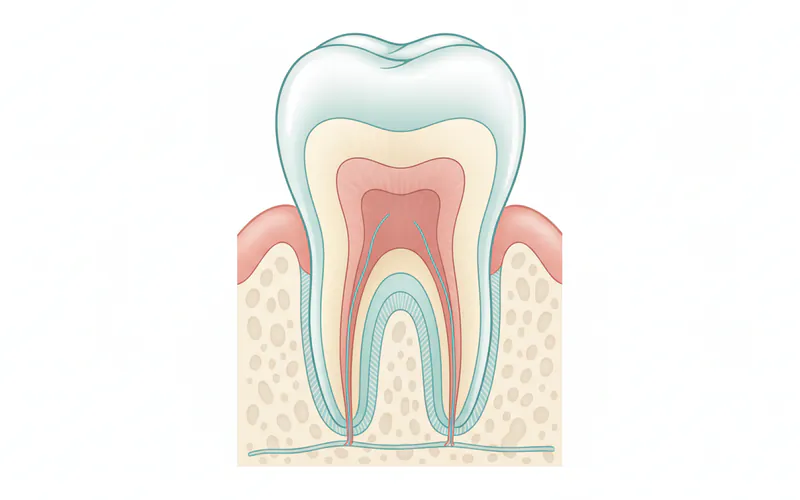 Detailed cross-section of a human tooth showing crown, neck, root, enamel, dentin, pulp, cementum, periodontal ligament, alveolar bone, and gingiva