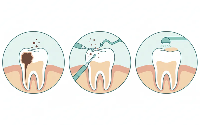 Visual representation of a dental filling procedure, showing a cross-section of a tooth with decay, instruments for removal, and the final filled tooth