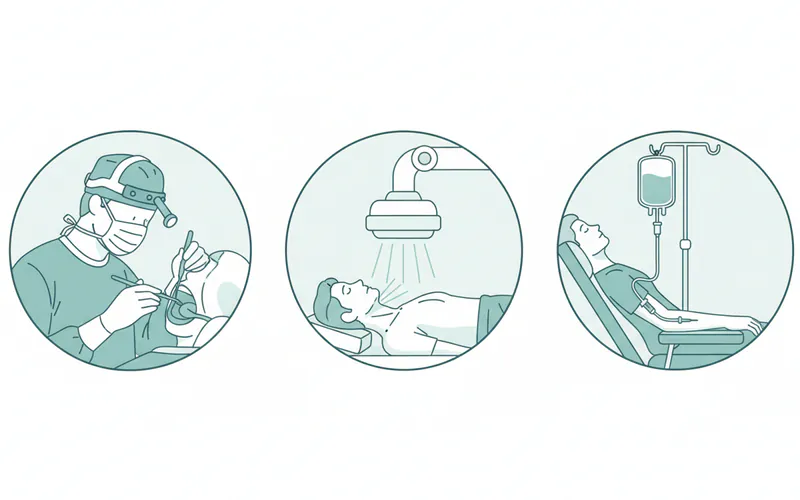 A diagram illustrating the different treatment modalities for oral cancer: a surgeon operating on a mouth, a patient undergoing external beam radiation therapy, and a depiction of chemotherapy infusion.