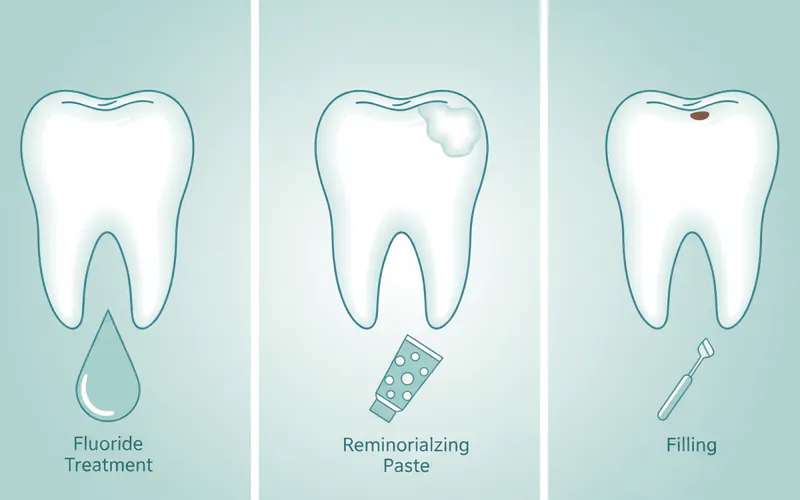 A comparative illustration showing a healthy tooth next to a tooth with early demineralization (white spot lesion) and another with a small cavity, emphasizing how different treatments (fluoride, remineralizing paste, filling) apply to each.