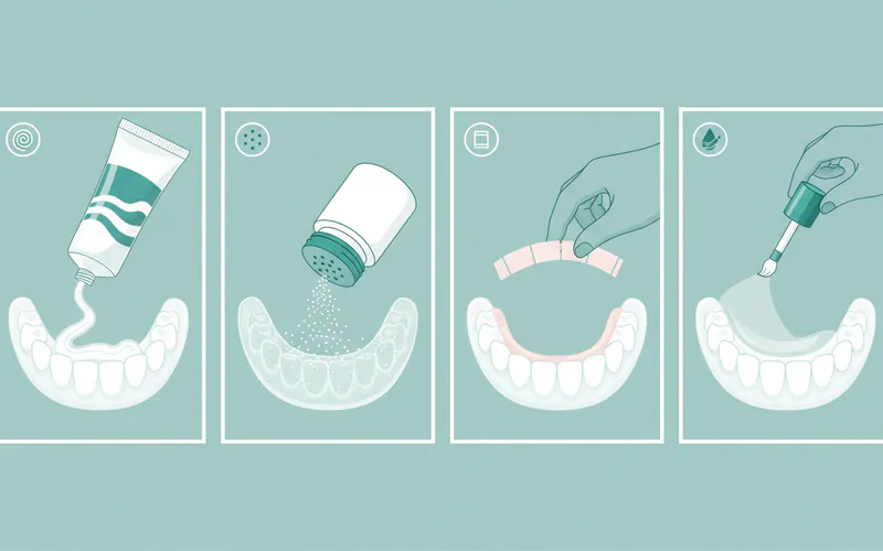 A comparative graphic showing four distinct sections, each illustrating a different type of denture adhesive: a tube of cream/paste with a wavy line on a denture, a container of powder being sprinkled on a moist denture, a pre-cut strip being placed on a denture, and a liquid being brushed onto a denture. Each section should have a small icon representing its type.