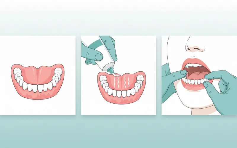 A three-panel infographic showing the step-by-step application of cream denture adhesive. Panel 1: A clean, dry upper denture. Panel 2: A hand applying three small, thin strips of adhesive to the fitting surface of the denture, avoiding the edges. Panel 3: A person inserting the denture into their mouth.