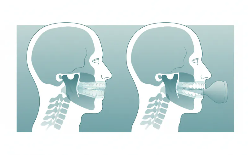 Illustration comparing a MAD and a TRD. The MAD should show the lower jaw slightly advanced with an appliance holding it, while the TRD should show a bulb-like device gently holding the tongue forward out of the airway.