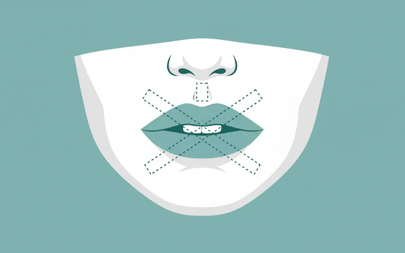illustration showing proper mouth tape application, with dotted lines for different tape shapes - including a full horizontal strip, an X-shaped application, and a small central vertical strip
