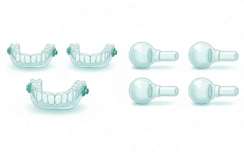 comparison of different oral appliances (MADs, TRDs) side-by-side, showing how MADs look like mouthguards and TRDs have a bulb for the tongue