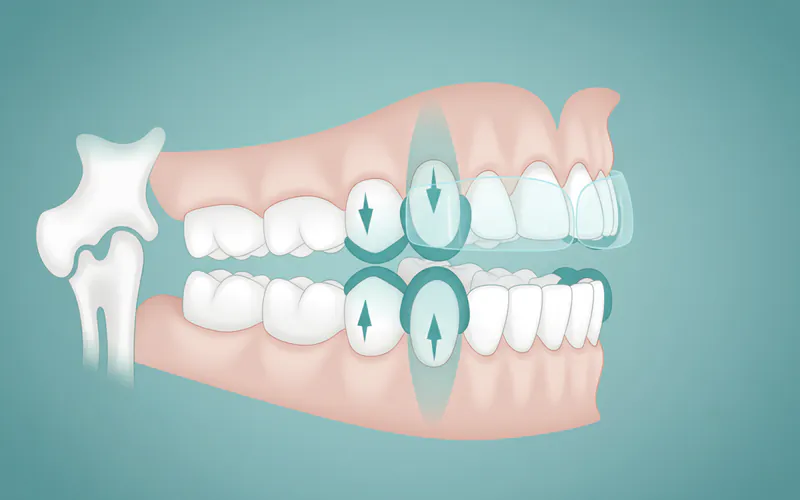 Illustration showing a cross-section of a mouth with a clear night guard between the upper and lower teeth, highlighting the protection it offers