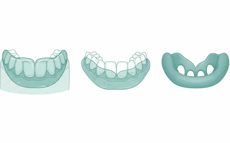 A series of three illustrations showing different types of mouthguards: a custom-fitted hard acrylic guard, a boil-and-bite guard, and a generic stock guard, highlighting their differences in fit and material.