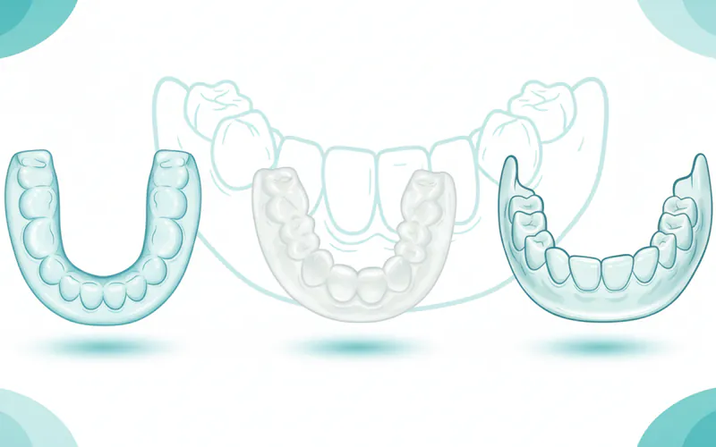 A comparative illustration showing the three types of OTC mouthguards: a bulky, generic stock guard; a partially molded, slightly lumpy boil-and-bite guard; and a more contoured, thinner pre-molded customizable guard, highlighting their differences in fit and form.