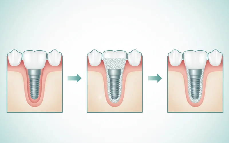 A cross-section diagram showing a dental implant screwed into the jawbone. One side shows an area with insufficient bone, with an arrow pointing to a separate diagram showing bone graft material being placed to build up the bone, followed by a final image of the implant securely placed in the regenerated bone.