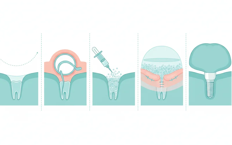 A numbered sequence of illustrations showing the step-by-step process of a sinus lift bone graft: 1. Initial state with insufficient bone below sinus. 2. Creation of a window and lifting of the sinus membrane. 3. Placement of bone graft material. 4. Suturing of the gum. 5. Healed bone ready for implant placement.