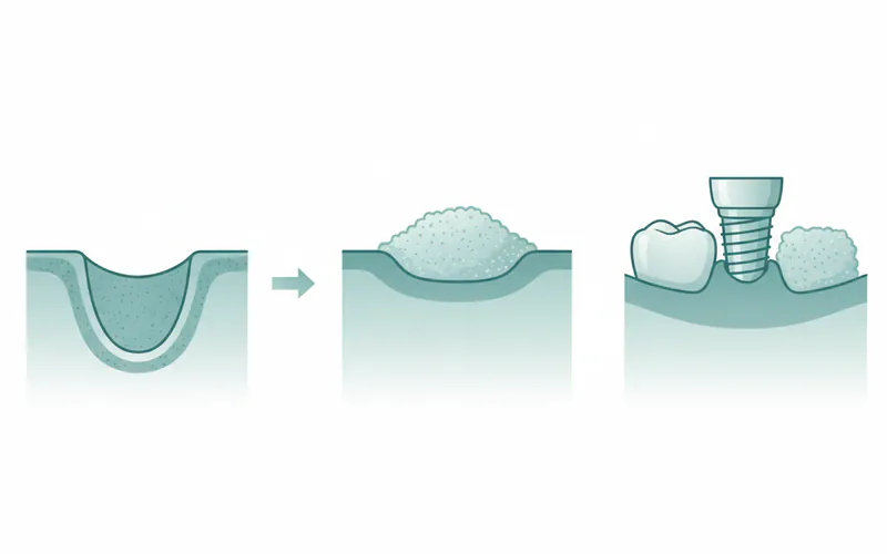 Detailed anatomical diagram of a jawbone showing a missing tooth, areas of bone loss (labeled), and an illustration of how a bone graft fills the deficient area to prepare for an implant