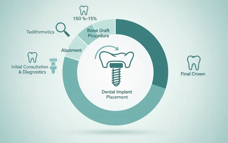 Infographic showing the breakdown of costs for a dental implant with a bone graft. Clearly label and visually represent the cost components: Initial Consultation & Diagnostics, Bone Graft Procedure, Dental Implant Placement, Abutment, and Final Crown. Use percentage or relative size to show their contribution to the total.