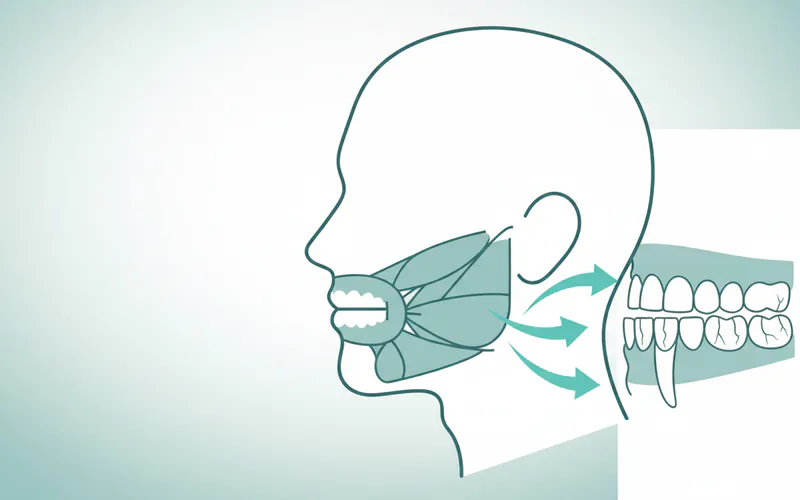 Medical illustration showing a person clenching their jaw, highlighting the masseter muscles with arrows pointing to common pain areas like temples, jaw, and teeth with visible wear.