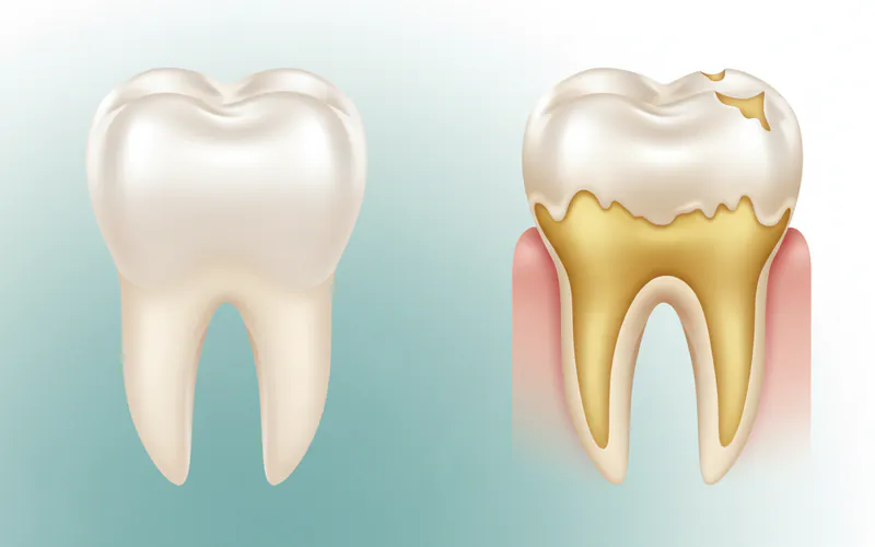A side-by-side comparison illustrating a healthy tooth versus a tooth severely eroded by acid, showing enamel loss, yellowed dentin, and potential chipping.