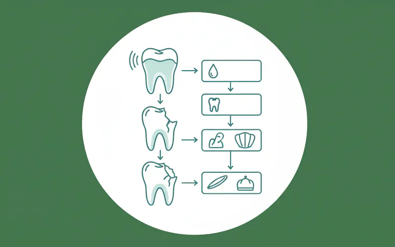 A visual flowchart showing the progression of dental damage from bulimia (erosion, sensitivity, fracture) and corresponding treatment options (fluoride, bonding, veneer, crown).