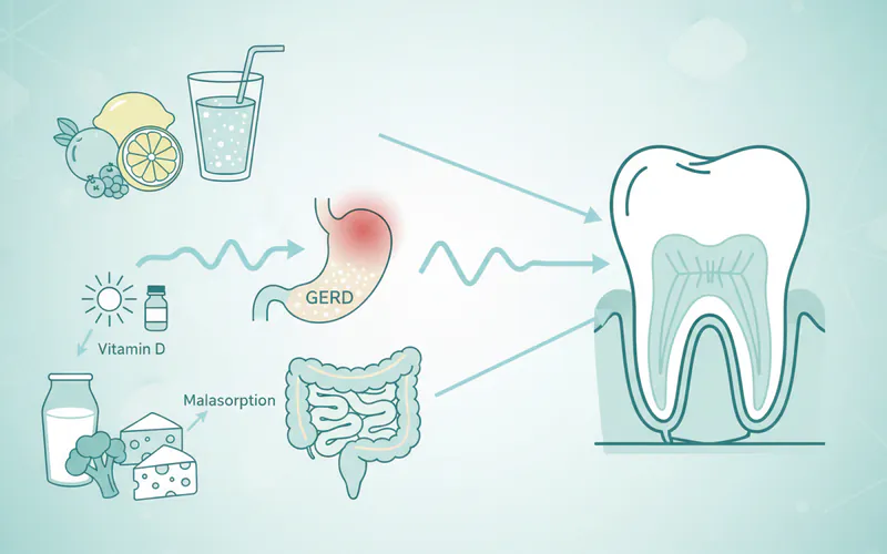 Illustration showing various dietary and systemic factors affecting teeth health, with arrows pointing from acidic foods/drinks, a stomach (for GERD), and intestines (for malabsorption) towards a demineralizing tooth, alongside calcium-rich foods and a sun for Vitamin D.