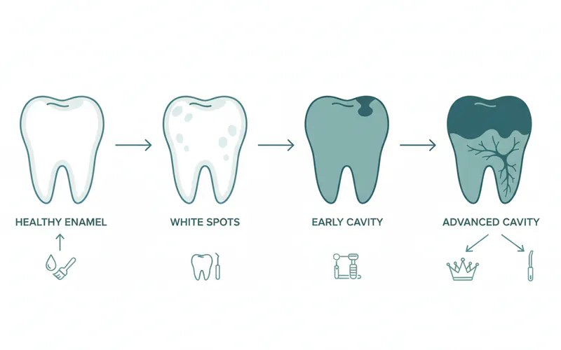 A flowchart illustrating the progression of calcium deficiency in teeth: "Healthy Enamel" -> "White Spots (Demineralization)" -> "Early Cavity" -> "Advanced Cavity." Arrows point from each stage to appropriate treatments like "Fluoride Varnish," "Dental Filling," "Crown," "Root Canal."