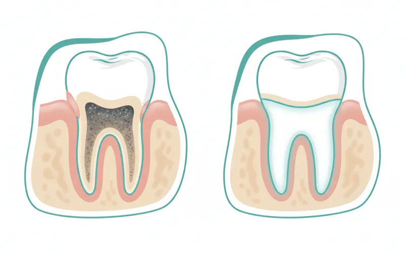 Side-by-side comparison illustration showing a tooth with significant subgingival calculus and inflamed gums (before treatment) next to a clean tooth with healthy, reattached gums (after scaling and root planing). Highlight the cleaned root surface.