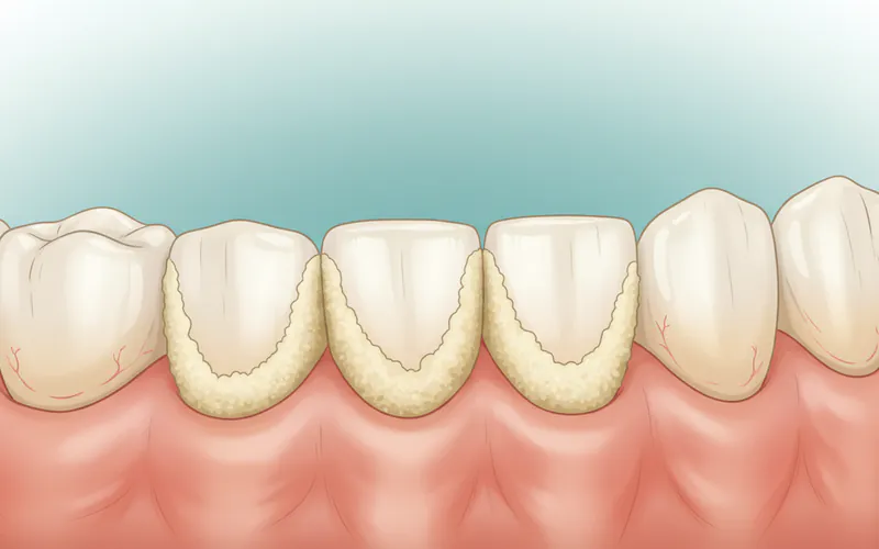 A close-up illustration showing dental calculus (tartar) built up on the surface of teeth, especially along the gum line, with inflamed gums visible.