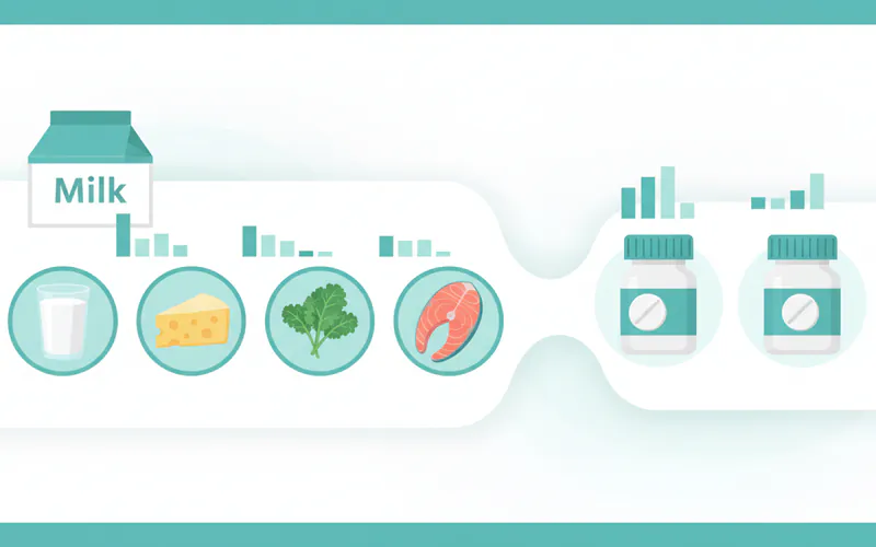 A colorful infographic comparing dietary sources of calcium (milk, cheese, kale, salmon) versus different types of calcium supplements (carbonate, citrate) with their respective elemental calcium percentages.